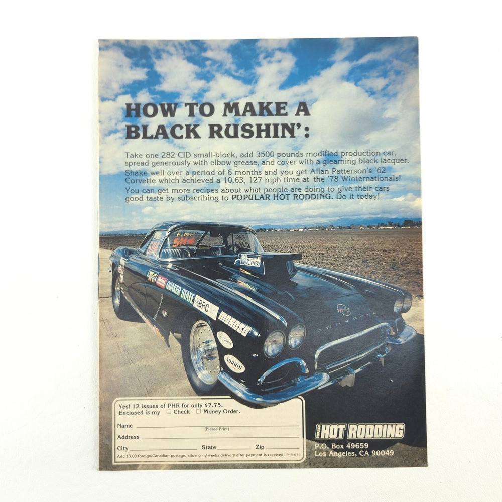 1962 Chevrolet Corvette Print Ad Promo Advertising 1979 Popular Hot Rodding